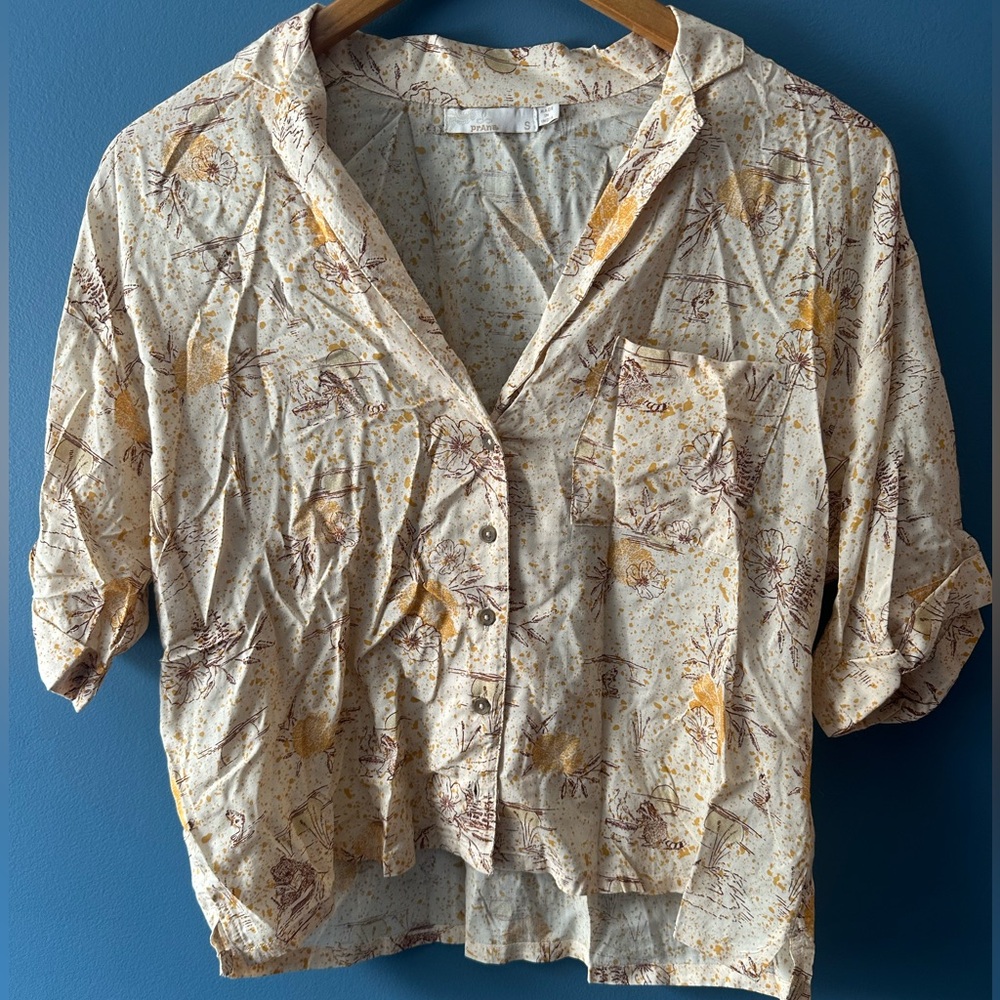 Prana Cream Button-Front Floral Blouse with Mustard and Brown Accents